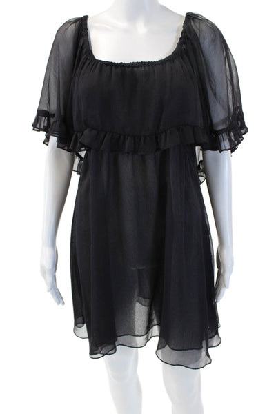 Free People Womens Ruffled Trim Short Sleeves A Line Dress Black Size Large