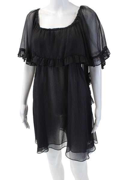 Free People Womens Ruffled Trim Short Sleeves A Line Dress Black Size Large