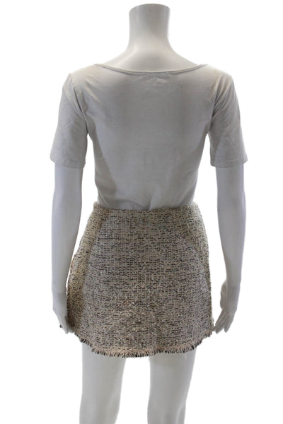 Balenciaga Paris Womens Side Zip Metallic Tweed Fringe Mini Skirt White FR 38