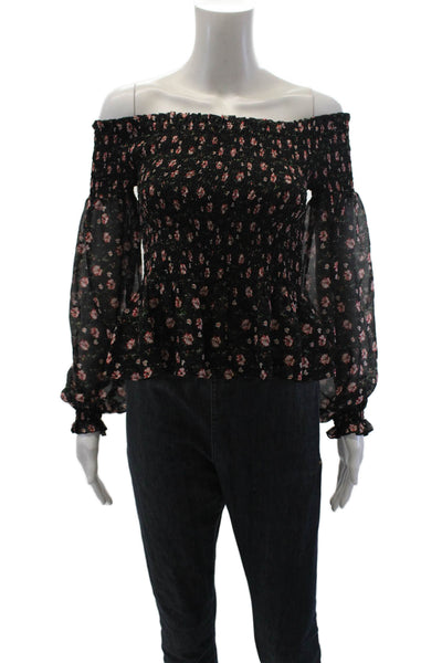 Intermix Womens Sheer Long Sleeve Off Shoulder Smocked Floral Top Black Small