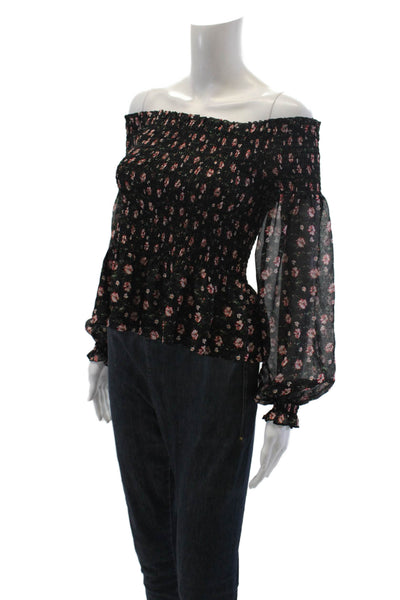 Intermix Womens Sheer Long Sleeve Off Shoulder Smocked Floral Top Black Small