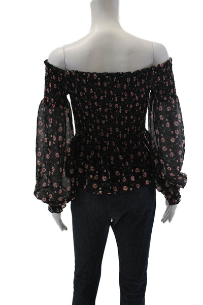 Intermix Womens Sheer Long Sleeve Off Shoulder Smocked Floral Top Black Small