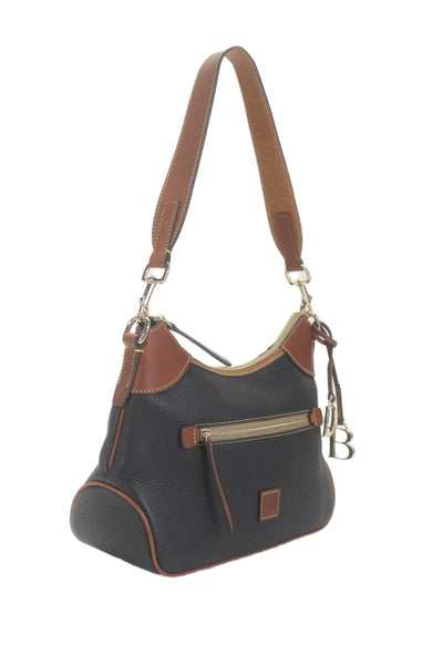 Dooney & Bourke Womens Navy Blue Leather Brown Trim Shoulder Hobo Bag Handbag