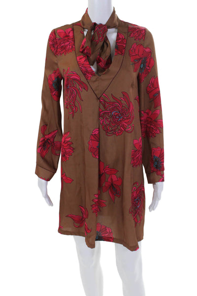 Vicolo Womens Floral Print V-Neck Neck Tie Long Sleeve Mini Dress Brown Size S