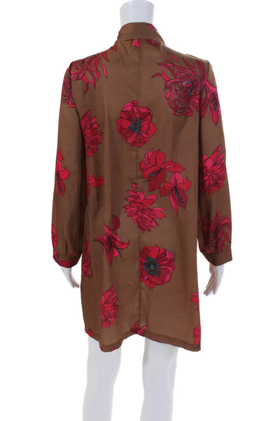 Vicolo Womens Floral Print V-Neck Neck Tie Long Sleeve Mini Dress Brown Size S