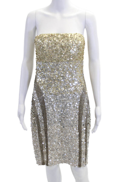 Rachel Gilbert Womens Back Zip Strapless Sequin Dress White Gold Size 2