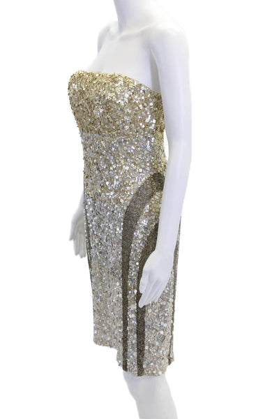 Rachel Gilbert Womens Back Zip Strapless Sequin Dress White Gold Size 2