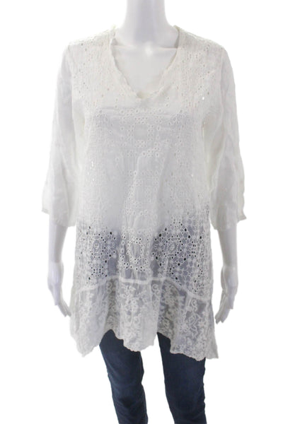 Johnny Was Womens Textured V-neck Long Sleeve Lace Blouse White Size S