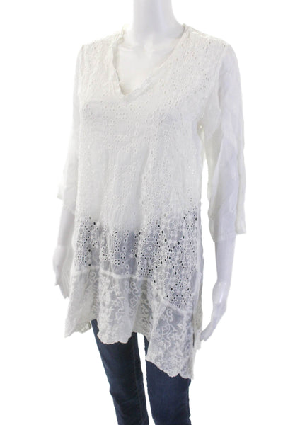 Johnny Was Womens Textured V-neck Long Sleeve Lace Blouse White Size S