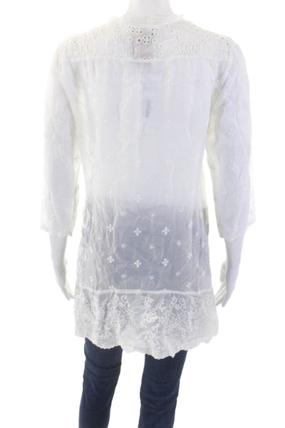 Johnny Was Womens Textured V-neck Long Sleeve Lace Blouse White Size S