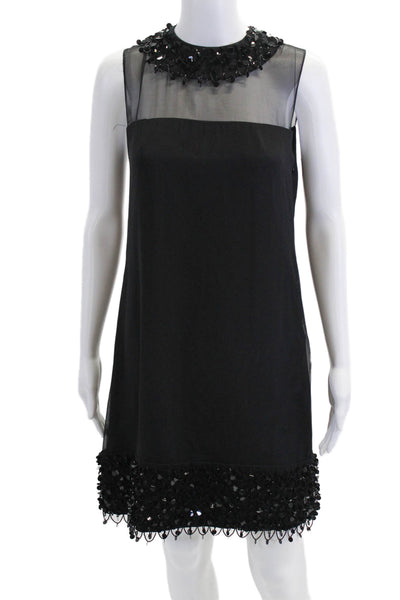 Milly Womens Silk Sequin Trim Sleeveless Shift Dress Black Size 4