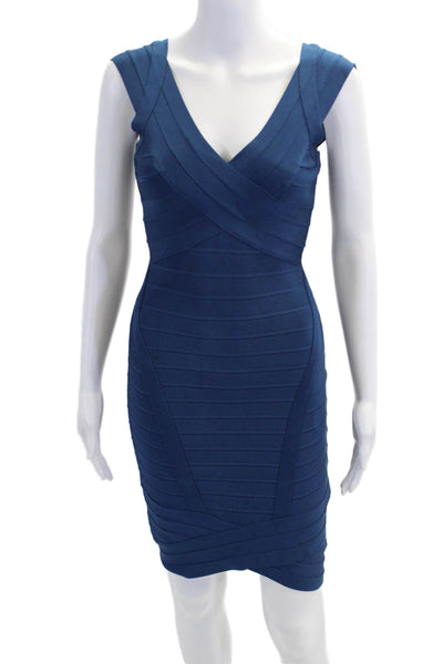 Herve Leger Womens V Neck Sleeveless Bandage Dress Blue Size S