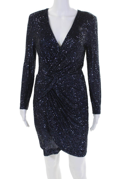 Parker Black Womens Textured Long Sleeve V-neck Sequence Dress Navy Size 8