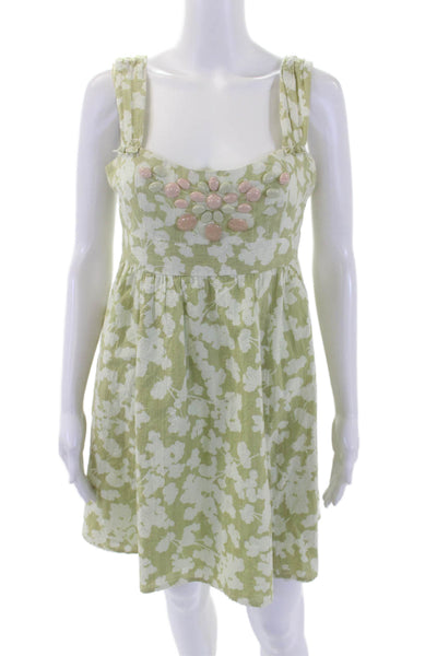 Nanette Lepore Womens Cotton Square Neckline Beaded Floral Dress Green Size 6