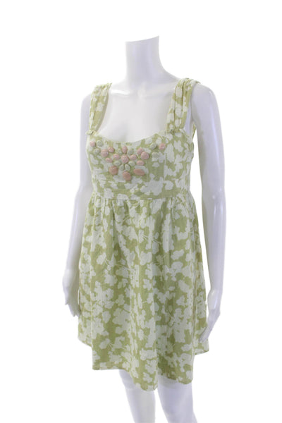 Nanette Lepore Womens Cotton Square Neckline Beaded Floral Dress Green Size 6