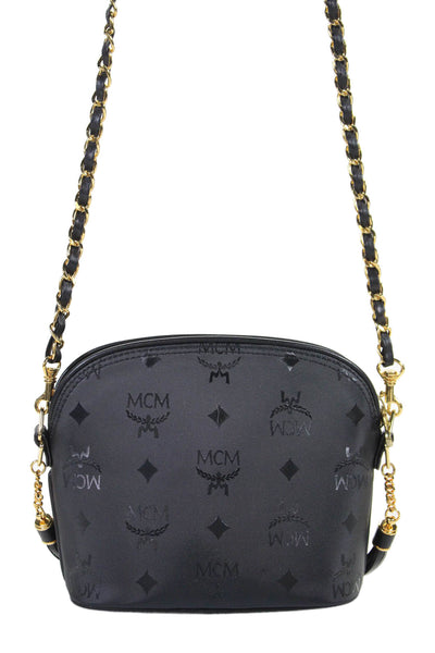 MCM Womens Nylon MCM Signature Monogram Zip Crossbody Bag Handbag Black