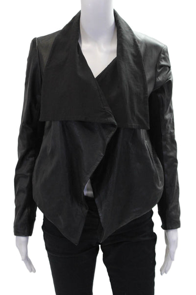 Theory Womens Leather + Cotton Long Sleeve Open Front Jacket Black Size P