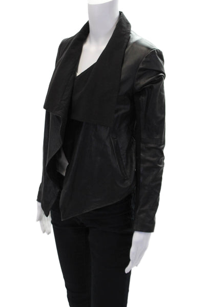 Theory Womens Leather + Cotton Long Sleeve Open Front Jacket Black Size P