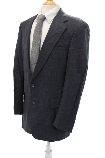 Austin Reed Mens Plaid Two Button Long Sleeve Unlined Navy Blue Size 40