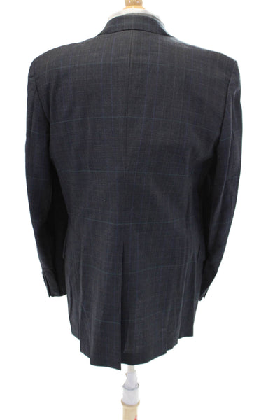 Austin Reed Mens Plaid Two Button Long Sleeve Unlined Navy Blue Size 40