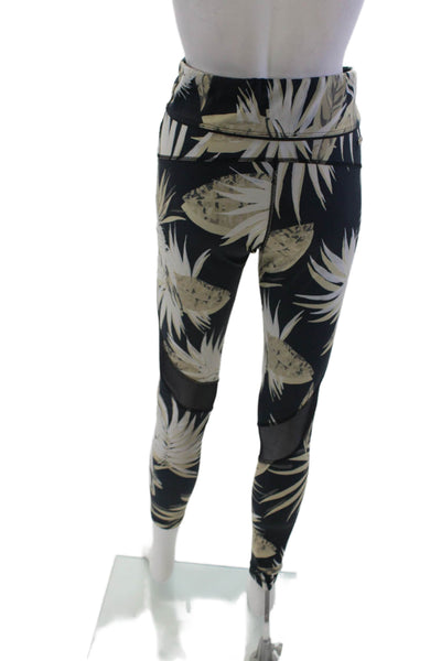 ALALA Womens Floral Print High Rise Pull On Leggings Black Beige Size Small