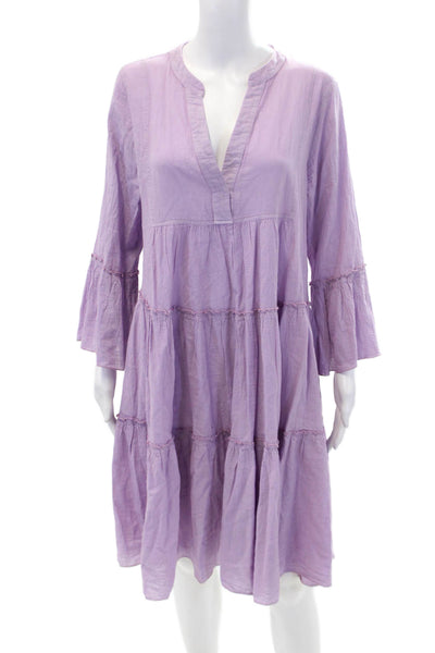 Devotion Womens Cotton V Neck Long Sleeved Ruffled Pleated Dress Purple Size S