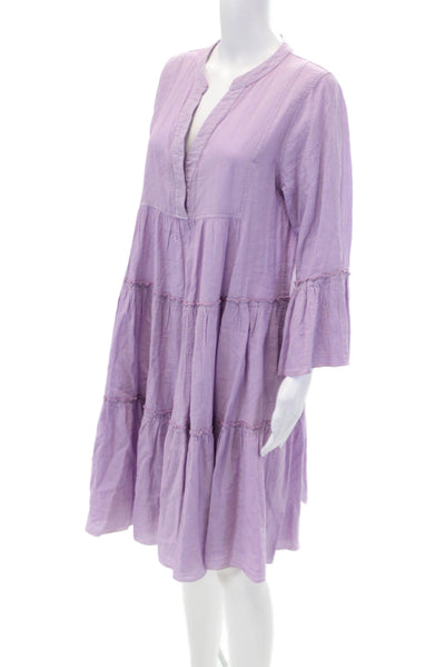 Devotion Womens Cotton V Neck Long Sleeved Ruffled Pleated Dress Purple Size S