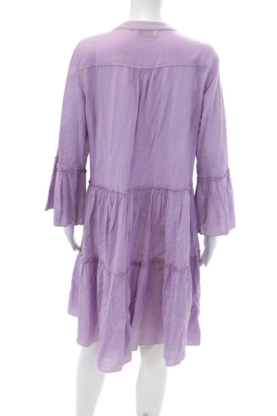 Devotion Womens Cotton V Neck Long Sleeved Ruffled Pleated Dress Purple Size S