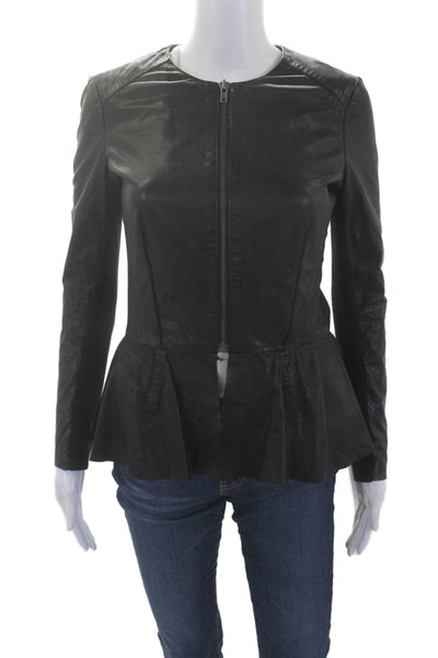 Muubaa Womens Leather Ribbed Sleeves Full Zipper Peplum Jacket Black Size 6