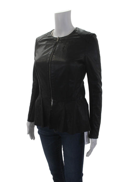 Muubaa Womens Leather Ribbed Sleeves Full Zipper Peplum Jacket Black Size 6