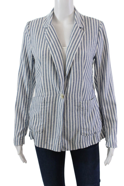 Caslon Womens Linen Striped One Button Long Sleeve Blazer Blue White Size XS