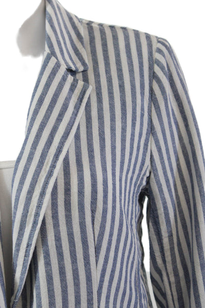 Caslon Womens Linen Striped One Button Long Sleeve Blazer Blue White Size XS