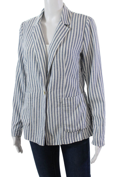 Caslon Womens Linen Striped One Button Long Sleeve Blazer Blue White Size XS