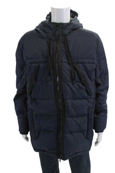 Andrew Marc Mens Double Zip Hooded Puffer Coat Navy Blue Size L