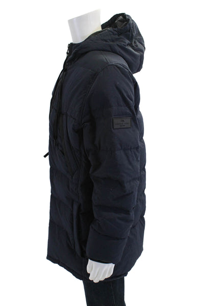 Andrew Marc Mens Double Zip Hooded Puffer Coat Navy Blue Size L