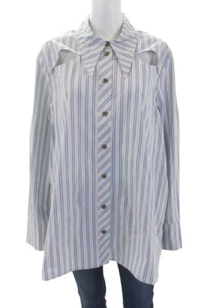 Ganni Womens Cotton Striped Print Back Cut-Out Buttoned Blouse Blue Size EUR 44