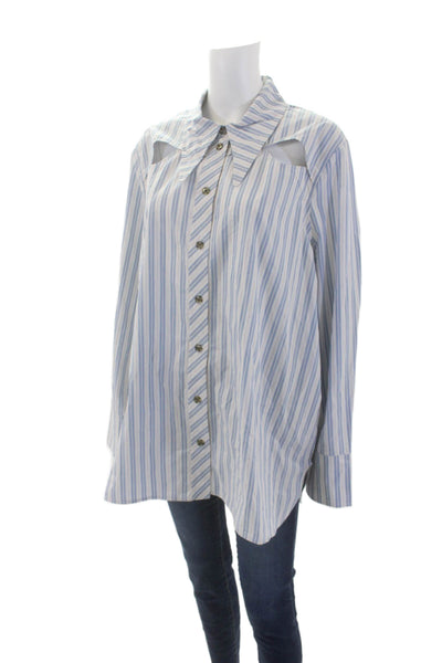 Ganni Womens Cotton Striped Print Back Cut-Out Buttoned Blouse Blue Size EUR 44