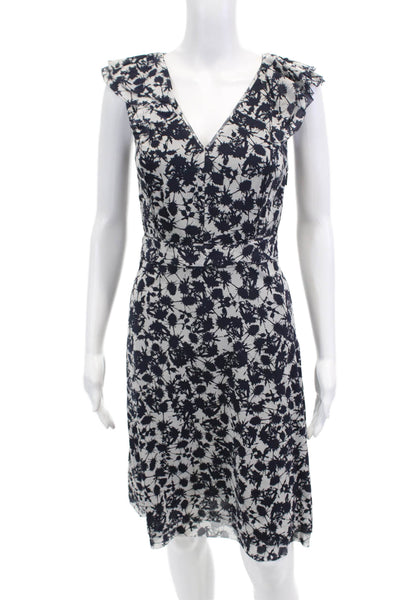 Tory Burch Womens Sleeveless Ruffle V Neck Splatter Silk Dress White Navy Size 0