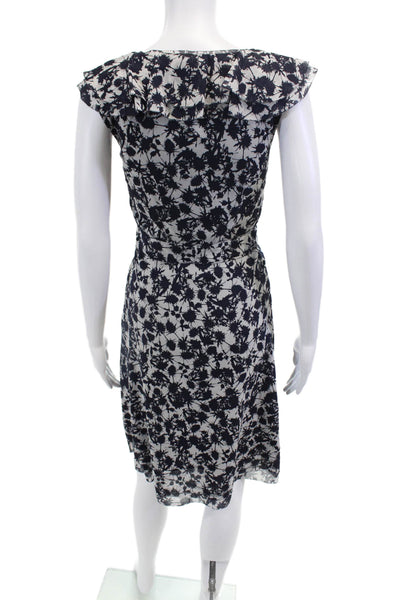 Tory Burch Womens Sleeveless Ruffle V Neck Splatter Silk Dress White Navy Size 0