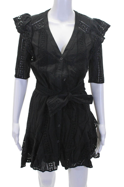 Veronica Beard Womens Short Sleeve Ruffled Eyelet Belted Dress Black Size 4