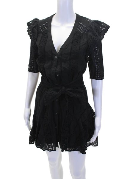 Veronica Beard Womens Short Sleeve Ruffled Eyelet Belted Dress Black Size 4