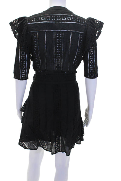 Veronica Beard Womens Short Sleeve Ruffled Eyelet Belted Dress Black Size 4