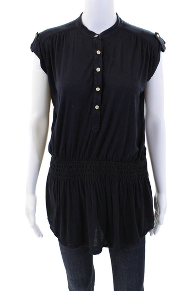 Trina Turk Womens Buttoned Collared Blouse Navy Blue Size S