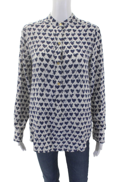 C Wonder Women Silk Navy Geometric Spotted Heart Print Buttoned Top White Size M