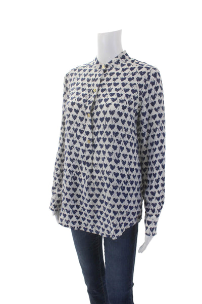 C Wonder Women Silk Navy Geometric Spotted Heart Print Buttoned Top White Size M