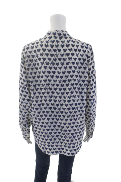 C Wonder Women Silk Navy Geometric Spotted Heart Print Buttoned Top White Size M