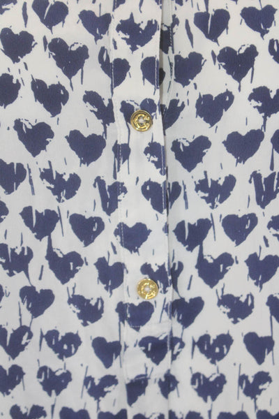 C Wonder Women Silk Navy Geometric Spotted Heart Print Buttoned Top White Size M