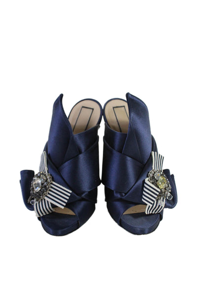 No21 Womens Satin Jeweled Slide On Sandal Heels Navy Blue White Size 36 6