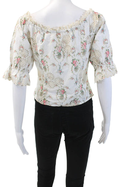 Love Shack Fancy Womens Cotton Button Scoop Neck Lace Floral Top White Size 2