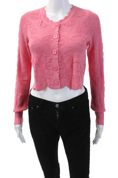 Love Shack Fancy Womens Cotton Long Sleeve Button Knit Cardigan Pink Size S